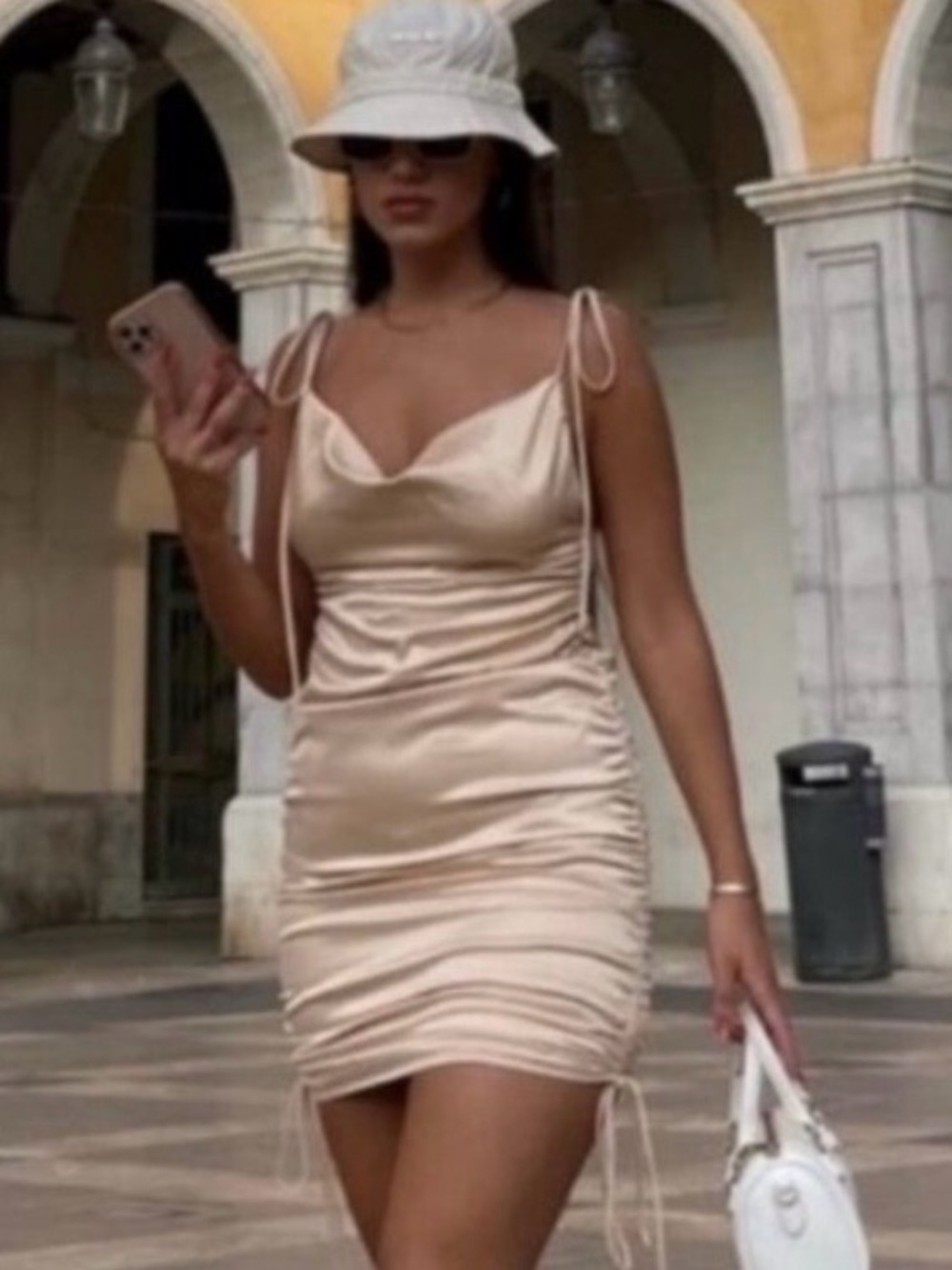 Leau Cabo Satin Tie Shoulder Ruched‎ Adjustable Mini Dress Vacation Summer XS